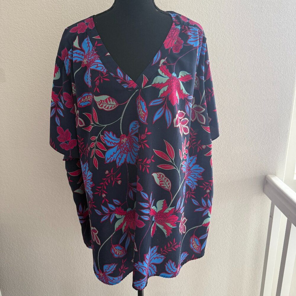 Molly & Isadora Floral Blue Short Sleeve Blouse 5X